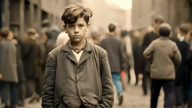 A boy standing on the street and crowd moving in background. Vintage 1900s style.