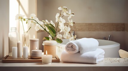 Fototapeta na wymiar A spa-inspired bathroom with organic skincare products and soft towels, creating a luxurious yet health-conscious self-care scene