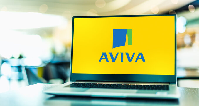 Laptop computer displaying logo of Aviva