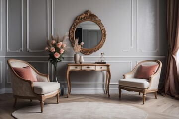 Beautiful interior with comfortable armchair, table and mirror