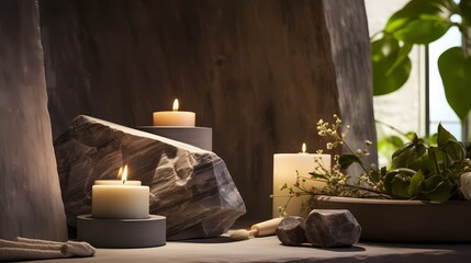A spa-like bathroom with natural stone textures, featuring skincare products and a candle, setting a serene atmosphere for self-care