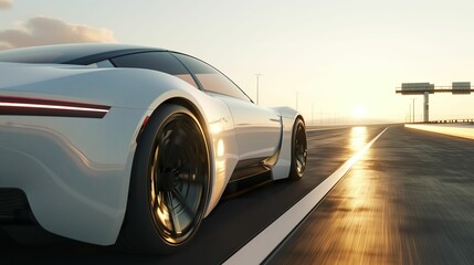 Obraz premium Futuristic EV Car on Highway, Luxury Sports Vehicle with Autonomous Driving