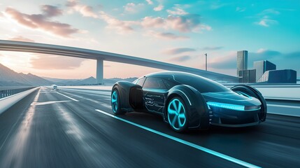 Fototapeta na wymiar Futuristic EV Car on Highway, Luxury Sports Vehicle with Autonomous Driving