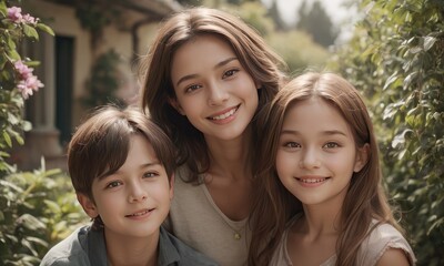 Fototapeta premium Pure Bliss: Cherishing Precious Moments in a Happy Mom with Adorable Children
