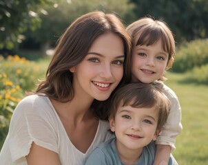 Laughter Echoes: A Picture-Perfect Portrait of a Happy Mother with Adorable Children