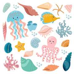 Vector illustration with cute inhabitants of the seabed.