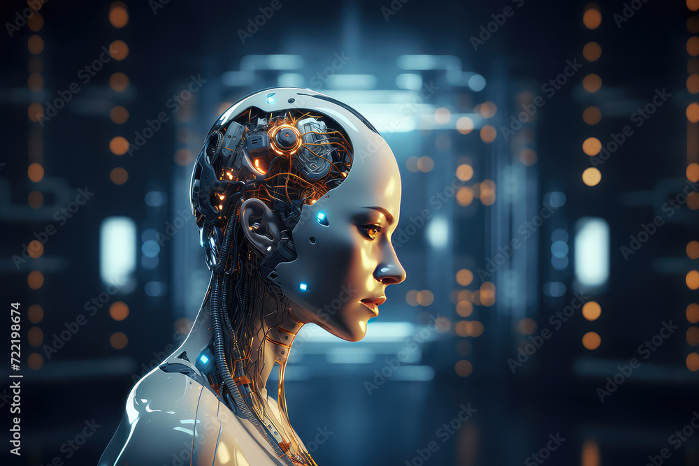 Poster robot brain digital illustration. 3d rendering ai robot think or compute.