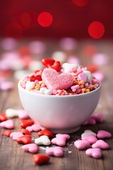 Valentine's Day background with heart shaped marshmallow in bowl.