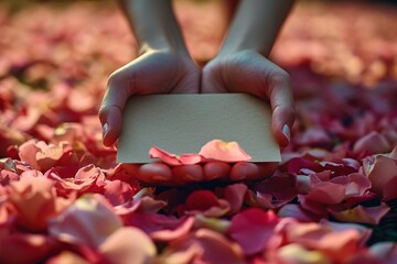 Slow-motion footage of hands gently placing a blank card among rose petals