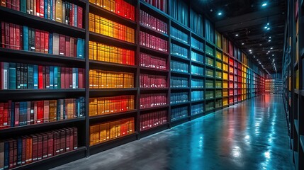 Rows of different colorful books lying on the shelf - obrazy, fototapety, plakaty