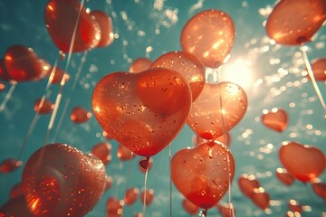 Slow-motion footage of heart balloons being released and floating away in celebration