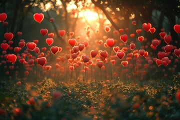 Time-lapse of heart balloons being released in a garden, creating a love-filled atmosphere - obrazy, fototapety, plakaty