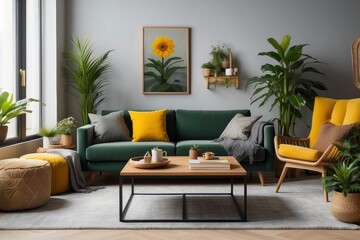 modern boho interior of living room in cozy apartment with design coffee table, gray sofa, wooden cube honey yellow pillow, desk, green armchair, plants and elegant accessories