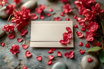 Top-down view of a blank card surrounded by scattered heart-shaped flower confetti