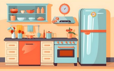 Retro colored kitchen interior сozy cartoon vector illustration