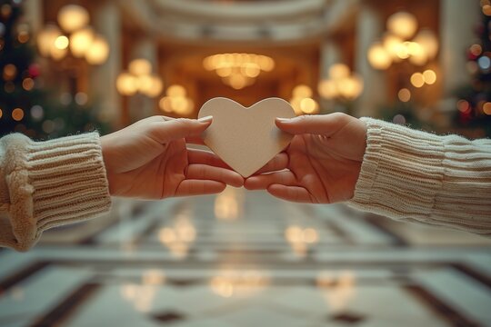Two hands exchanging heart-shaped key cards in a luxury hotel