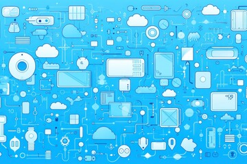 Sky blue abstract technology background using tech devices and icons 