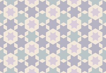 Seamless hexagon geometric pattern. Six-pointed star abstract background, pastel tones. Texture design for tile, cover, poster, flyer, banner, wall, backdrop, textile. Vector illustration.