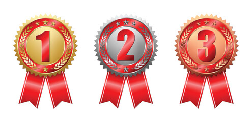 Set of first, second, third place medals. On isolated white background. Gold, silver, bronze award badges with red ribbons. Champion symbol of victory in competitive games. Vector illustration.