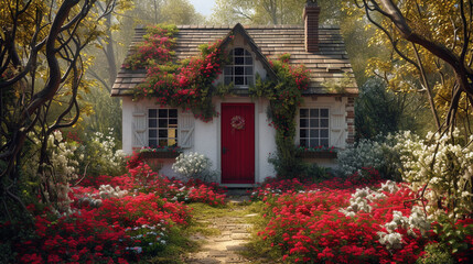  A quaint, white cottage with a red door and window shutters, surrounded by blooming flower beds.  - Powered by Adobe