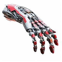 A robotics arm logo, with a mechanical design, in silver and red against a white backdrop 