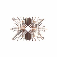 A sleek, abstract microchip logo, with intricate circuitry, in metallic tones against a white backdrop 