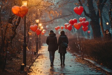 Two people holding hands while walking through a park filled with heart-shaped balloons