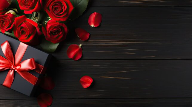 Love and Valentine's day concept made from red rose and gift box on black wooden background. Top view with copy space, flat lay.