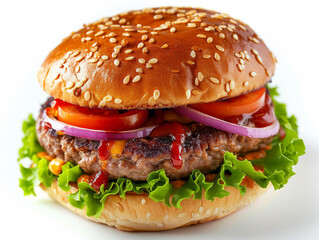 Burger with thick slices of grilled meat and topped with green salad, tomato and cheese.