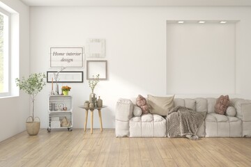 Modern minimalist interior with sofa on empty white color wall background. Interior mockup. Scandinavian interior design. 3D illustration