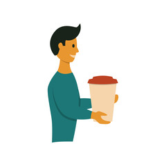 Man holding big paper cup coffee to go flat illustration