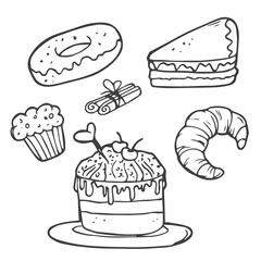 Various cakes and bakery doodle vector set. Pastry icons set