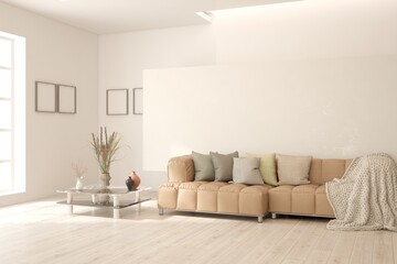 White living room with sofa. Scandinavian interior design. 3D illustration
