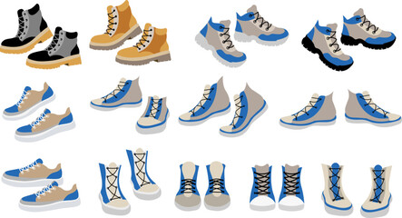 Shoe collection.  Sports shoes for men and women. Shoes with different soles for men and women. Flat vector illustration