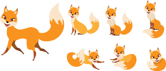 Funny collection of red foxes. Emotional little cheerful animal. Cartoon animal character design. Flat vector illustration