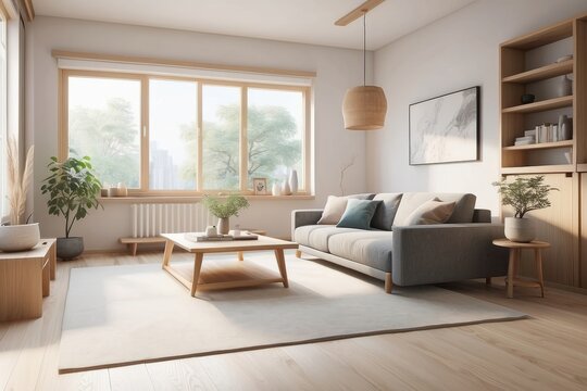 Modern interior japan style design livingroom. Lighting and sunny scandinavian apartment with plaster and wood