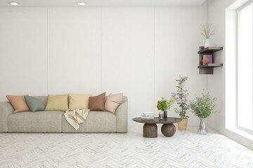 Interior design of modern apartment. Interior mockup. Scandinavian interior design. 3D illustration