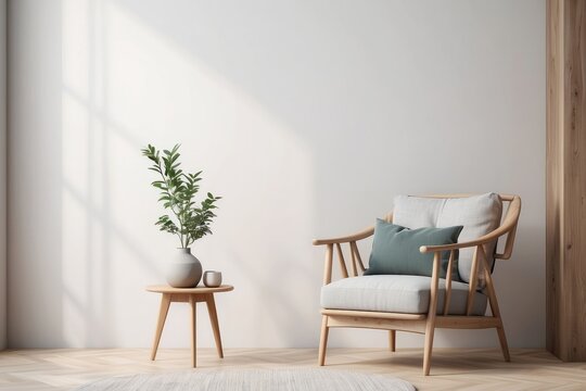 Empty wall mock up in Scandinavian style interior with wooden armchair. Minimalist interior design