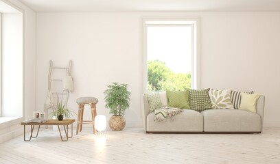 Contemporary classic white interior with furniture and decor and summer landscape in window. Scandinavian interior design. 3D illustration
