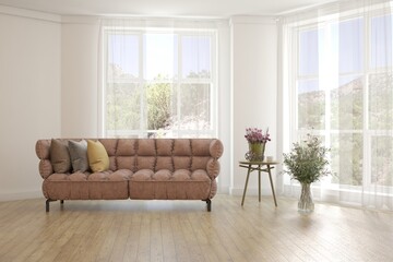 Modern interior concept with sofa and summer landscape in window. 3D illustration