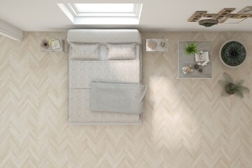 Top view of white bedroom concept. Scandinavian interior design. 3D illustration