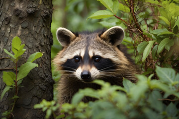 Naklejka na ściany i meble raccoon hiding behind trees forest background