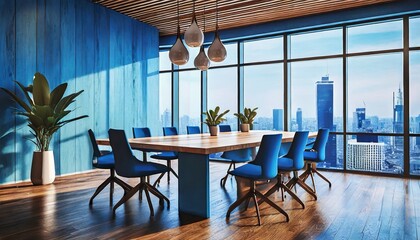 a large room with large windows overlooking the city intended for team meetings - obrazy, fototapety, plakaty