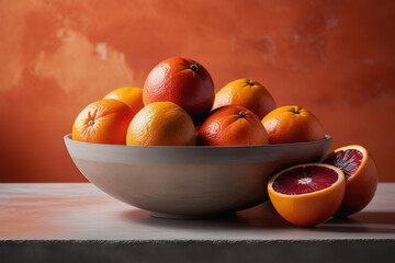 Blood oranges in a concrete bowl on a grey concrete table and peach-colored wall background.