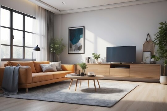 Modern room with different furniture and the bright light coming from the window