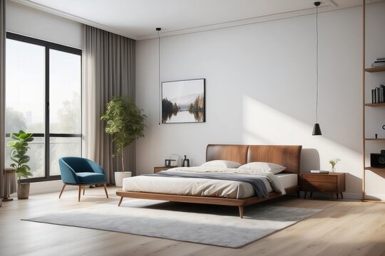 Modern room with different furniture and the bright light coming from the window