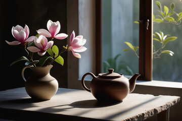 Minimalist interior with live edge concrete countertop. Ceramic vase with magnolia branch and...