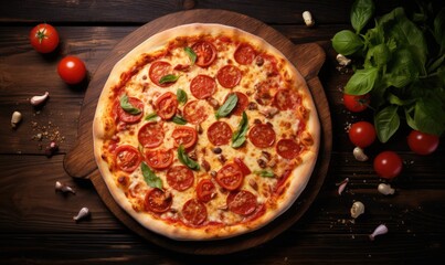 A traditional delicious italian pizza with ingredients on wooden board, top view.