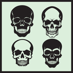 Set of Human Skull Vector, Human Black Skull Silhouette Vector Hand Drawn, Face Skull Icon 