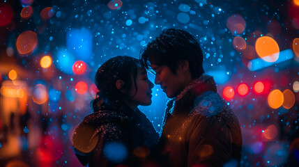 Celebrating Together on Valentine's Day. Kissed by the Night. Love in the City